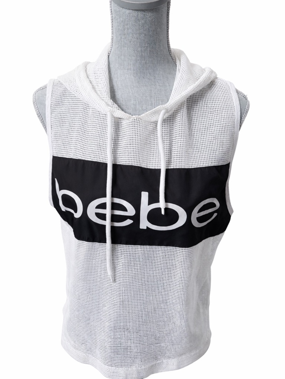 Bebe Sport Y2K White Mesh Sleeveless Hoodie Logo Top Size M